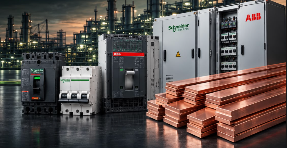 Schneider Electric and ABB breakers, electrical panels and copper busbars